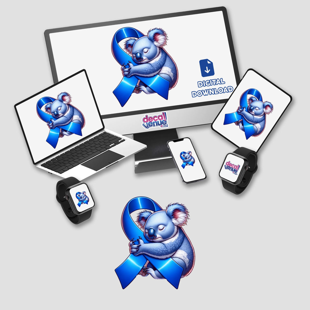 Koala Blue Ribbon Colon Cancer Awareness design displayed on a computer monitor, laptop, and tablet, available as stickers or digital artwork. The koala is embracing a blue ribbon, symbolizing support.