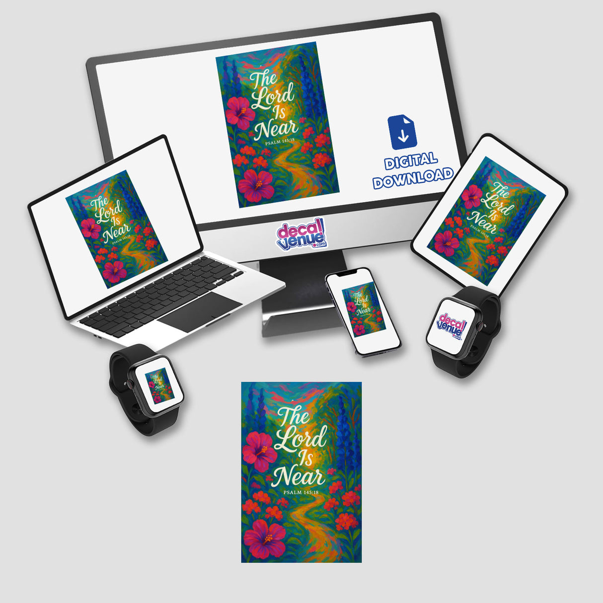 The Lord Is Near – Psalm 145:18 Fauvist Summer Floral Christian Sticker or Clipart features bold fuchsia and coral flowers, with “The Lord Is Near” in the center, symbolizing divine presence.