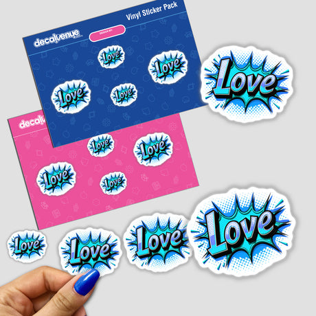 Sticker pack featuring 'Love Valentine's Day' design with a comic book style, shown with a close-up of a finger pointing at it. Available as stickers or digital artwork.