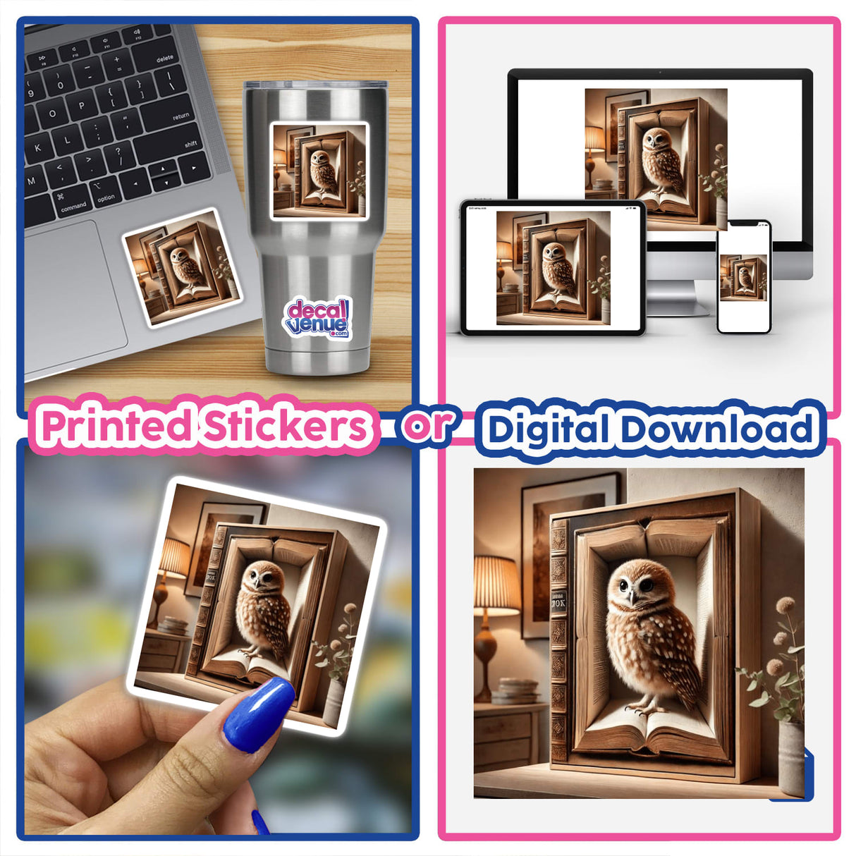 Collage featuring the product Owl in Hollowed Out Book: owl images on a laptop, book, and close-ups, highlighting its availability as stickers or digital artwork.
