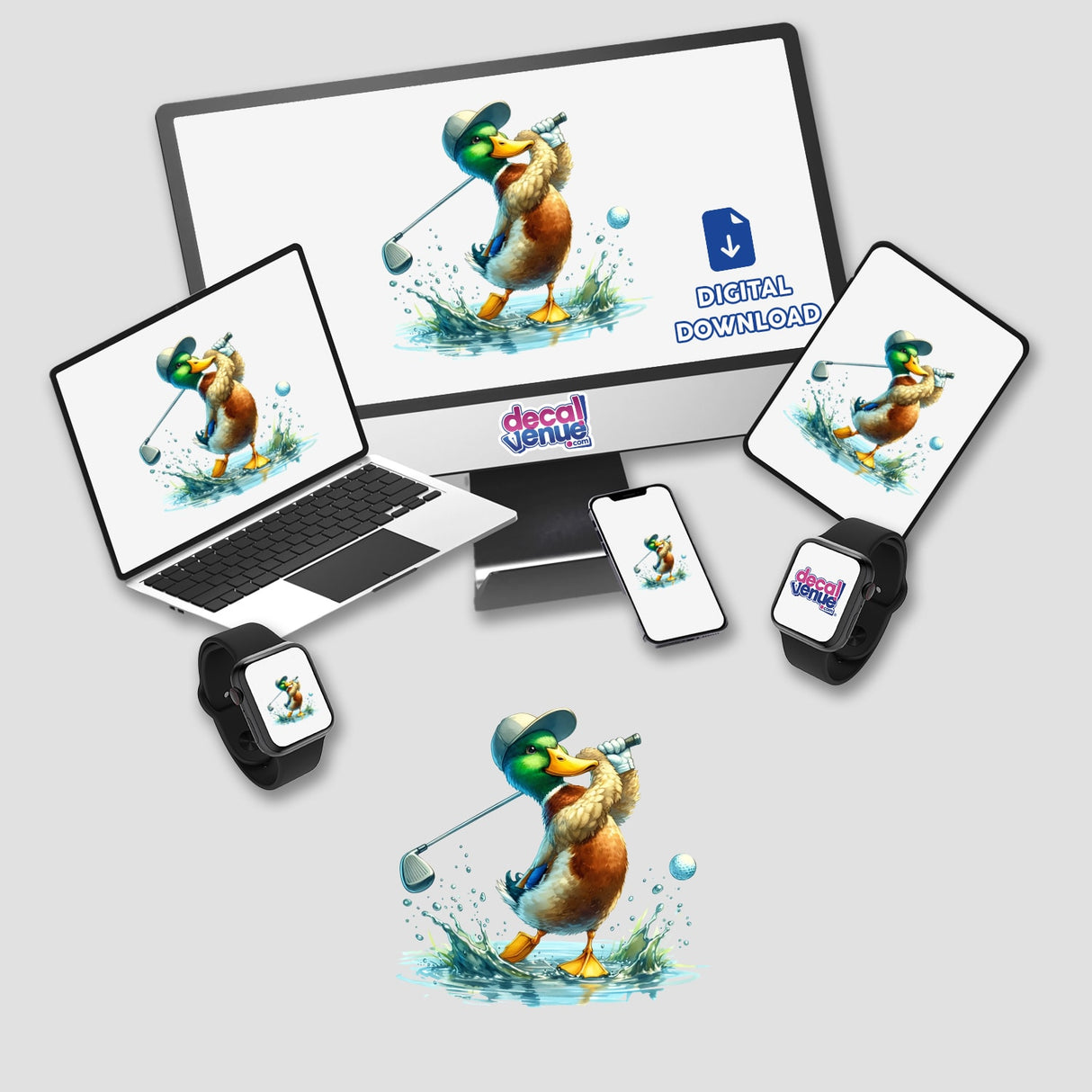 Watercolor Mallard Duck Golfing displayed on a computer monitor and laptop screen, showcasing available sticker or digital artwork options.