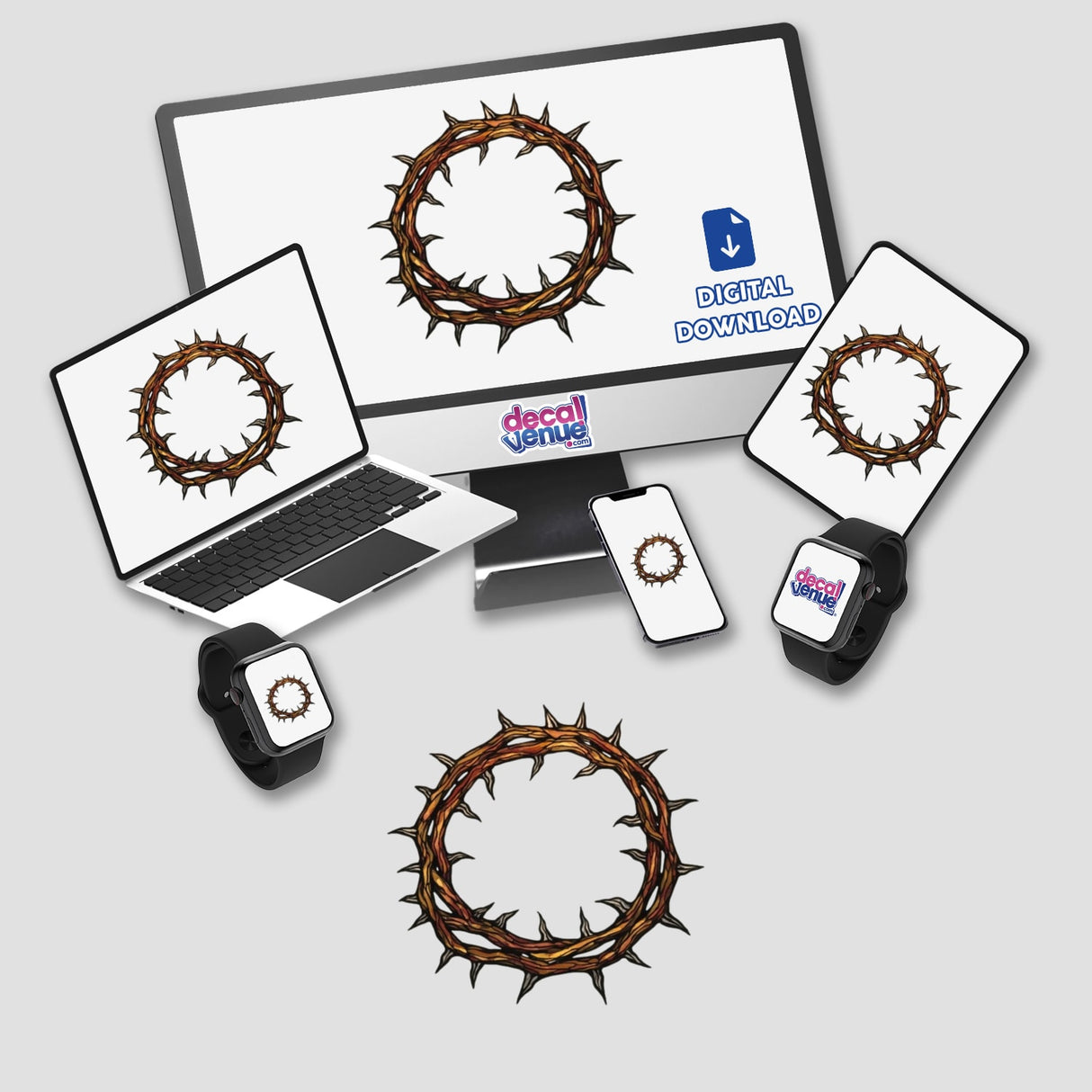 Stained Glass Crown of Thorns Clipart with Commercial Rights & Christian Sticker, featuring a crown of thorns on devices like a laptop, tablet, and smartwatch, available as stickers or digital artwork.