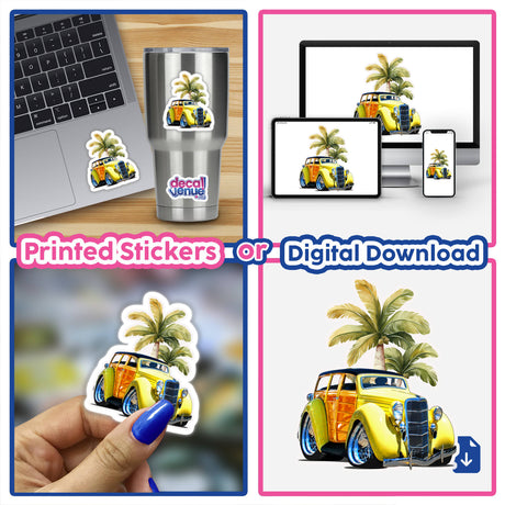 Collage featuring Yellow Woodie car design with palm trees on vibrant stickers and digital artwork, alongside a laptop adorned with similar car-themed decals.