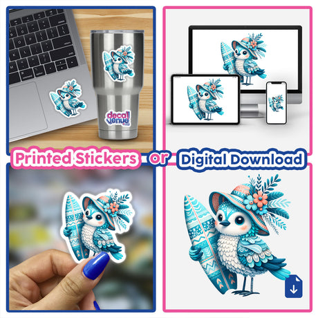 Seagull Bird in Summer Beach Hat with Surfboard