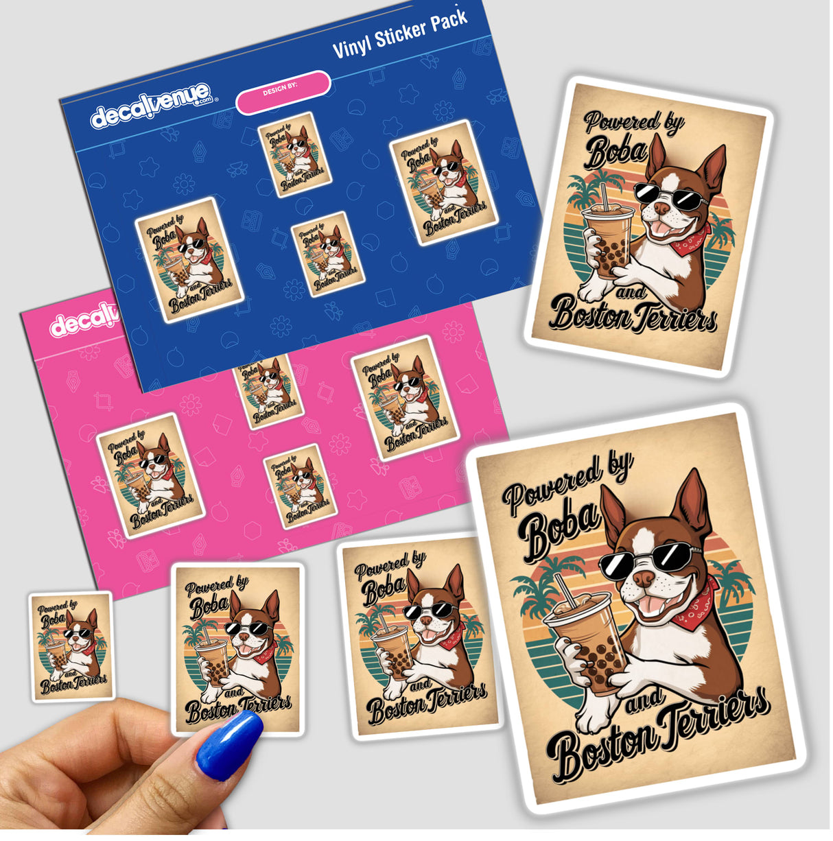 Cute Boston Terrier Bubble Tea Retro Sunset Cartoon stickers featuring a dog holding bubble tea and ice cream, available as stickers or digital artwork. Perfect for fans of unique, whimsical designs.
