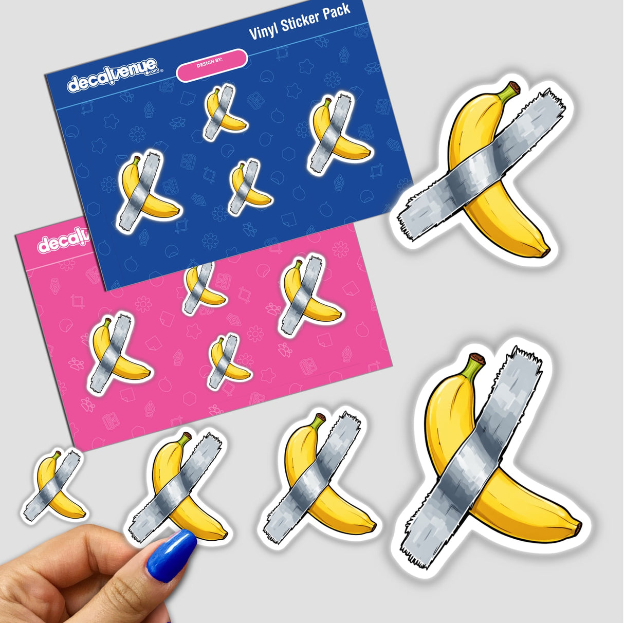 Banana Duct Tape Art sticker or digital artwork, featuring a cartoon design of a banana wrapped in tape. Ideal for fans of quirky and unique designs from Decal Venue.