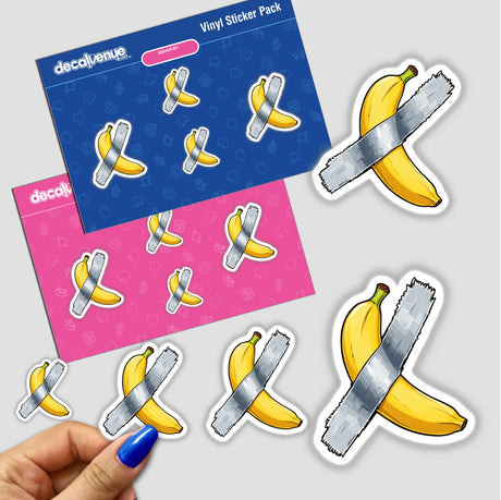 Banana Duct Tape Art sticker or digital artwork, featuring a cartoon design of a banana wrapped in tape. Ideal for fans of quirky and unique designs from Decal Venue.