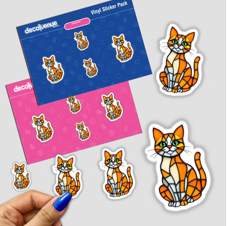 Cat Stained Glass Style sticker pack showcasing various cat designs, featuring intricate stained glass motifs with striking green eyes, available as both stickers and digital artwork from Decal Venue.