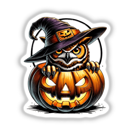 Spooky Halloween owl peeking out of carved pumpkin wearing a witch's hat.