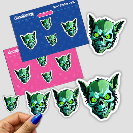 Hybrid Human Dog Skull sticker featuring a cartoon skull design, part of a unique vinyl sticker collection. Available as physical stickers or digital artwork from Decal Venue.