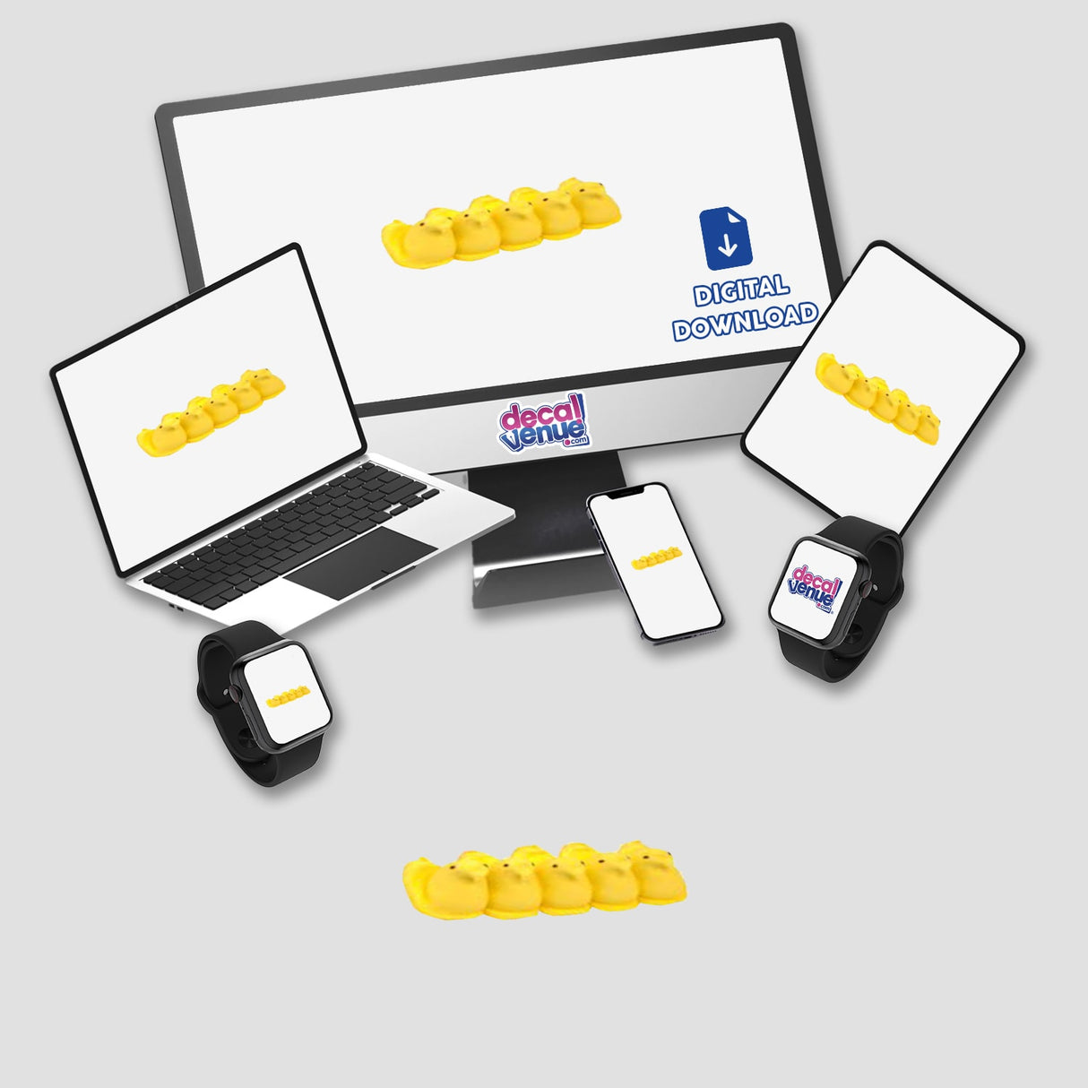Yellow Peeps digital artwork on various digital devices showcased in the Decal Venue store