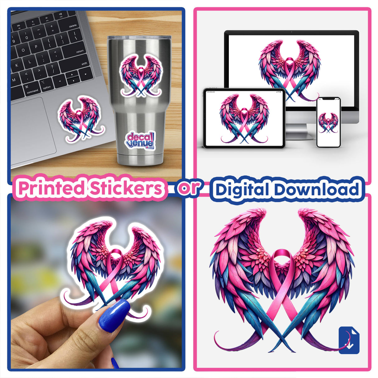 Collage featuring the 'Pink Awareness Ribbon with Wings' sticker displayed on a laptop, cup, and cell phone. Available as stickers or digital artwork from Decal Venue.