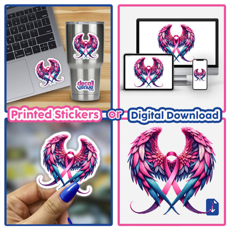 Collage featuring the 'Pink Awareness Ribbon with Wings' sticker displayed on a laptop, cup, and cell phone. Available as stickers or digital artwork from Decal Venue.