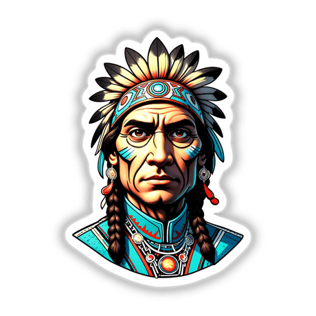 A cartoon illustration titled A Native American Warrior Chief, depicting a man wearing a headdress, available as stickers or digital artwork from Decal Venue.