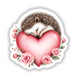 Sleeping Hedgehog with Roses and Hearts: A serene hedgehog rests on a heart adorned with roses, capturing tranquility and love, available as stickers or digital art from Decal Venue.