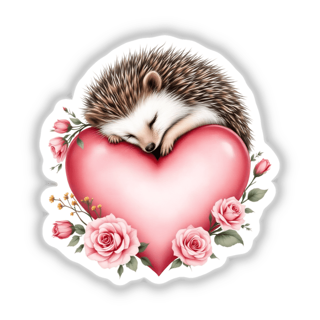 Sleeping Hedgehog with Roses and Hearts: A serene hedgehog rests on a heart adorned with roses, capturing tranquility and love, available as stickers or digital art from Decal Venue.