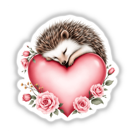 Sleeping Hedgehog with Roses and Hearts: A serene hedgehog rests on a heart adorned with roses, capturing tranquility and love, available as stickers or digital art from Decal Venue.