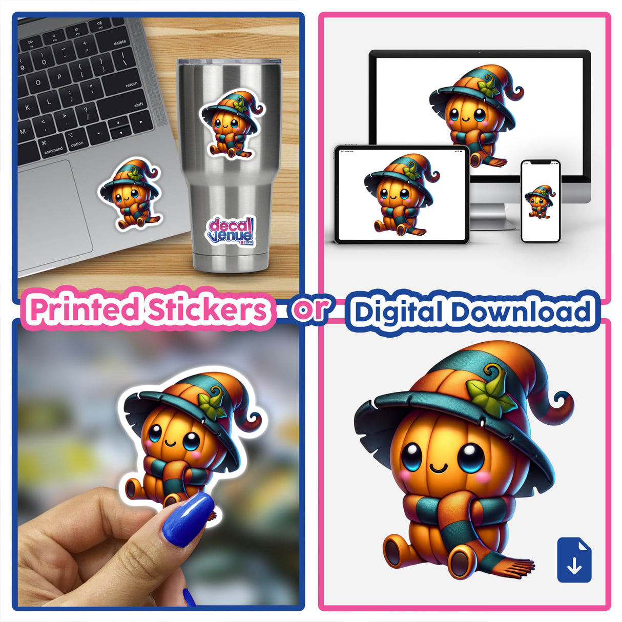 Pumpkin Wearing Scarf and Hat digital artwork collage, featuring adorable cartoon pumpkins in various poses, perfect for fall decor and DIY crafts. Available as stickers or digital downloads from Decal Venue.