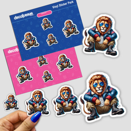 Patriotic Leather Lion Aviator Sunglasses sticker pack, featuring cartoon lions wearing sunglasses and jackets, available as stickers or digital artwork from Decal Venue.