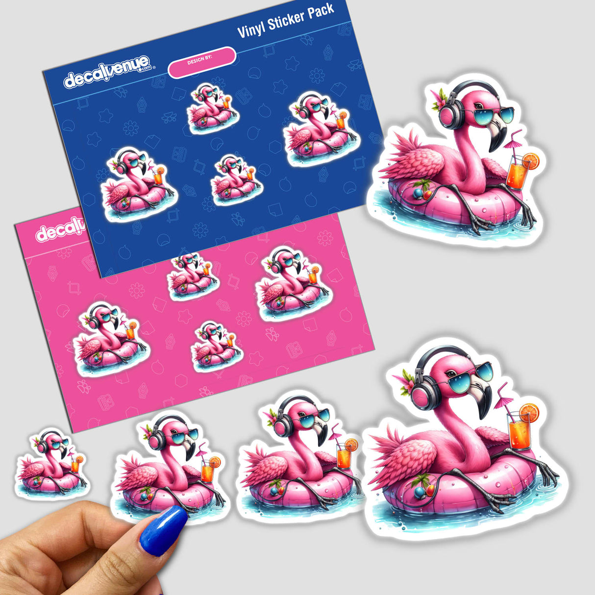 Colorful vinyl stickers depicting a relaxed and stylish pink flamingo floating on an inflatable pool toy and wearing headphones, showcasing a playful and modern digital artwork design.
