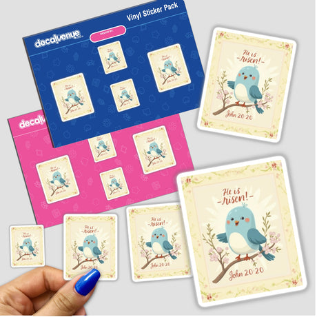 He is Risen! Cute Bluebird - Christian Sticker featuring a bluebird on a branch, available as a sticker or digital artwork, ideal for John 20:20-themed decorations.