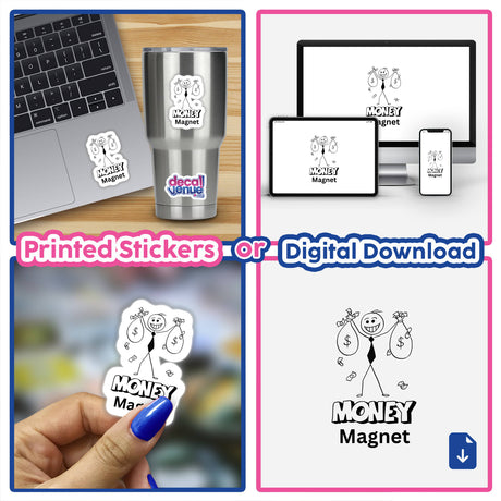Money Magnet Stickman collage featuring stickers on a laptop and silver cup, digital artwork with cartoon character holding money bags. Available as stickers or digital downloads from Decal Venue.