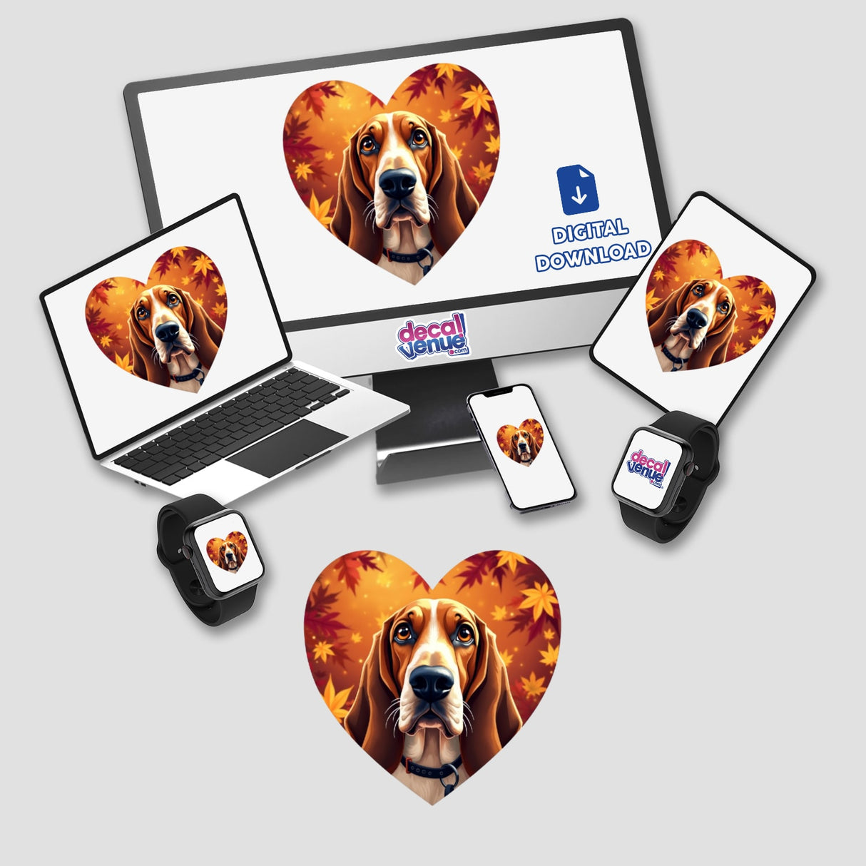 Fall Aesthetic Basset Hound Heart Clipart on a computer monitor and phone screen, available as stickers or digital artwork.