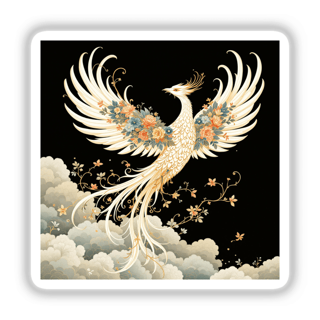 Chinoiserie Phoenix artwork features a stylized phoenix adorned with intricate flowers and leaves, available as unique stickers or digital artwork from Decal Venue.