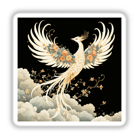 Chinoiserie Phoenix artwork features a stylized phoenix adorned with intricate flowers and leaves, available as unique stickers or digital artwork from Decal Venue.