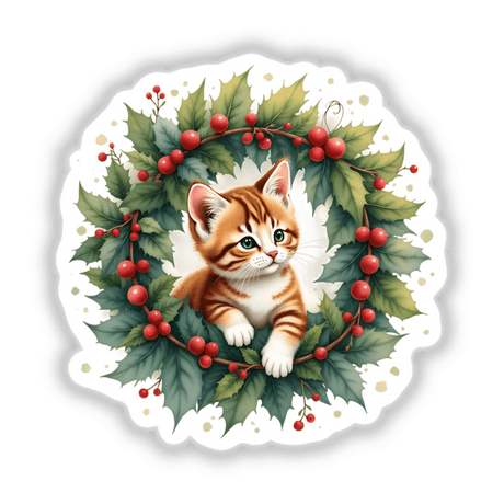 Playful Kitten in a Festive Christmas Wreath, featuring a close-up of a cat nestled within holiday greenery, available as unique stickers or digital artwork from Decal Venue.