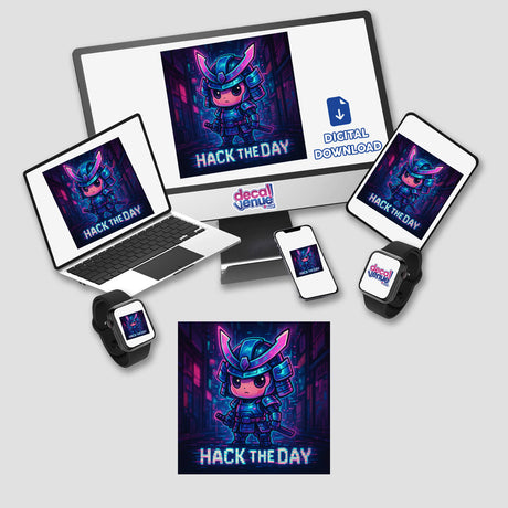 Hack The Day Chibi Cyberpunk Sticker or Clipart features a motivational anime art style, available as stickers or digital artwork, embodying a unique blend of futuristic and inspiring themes.