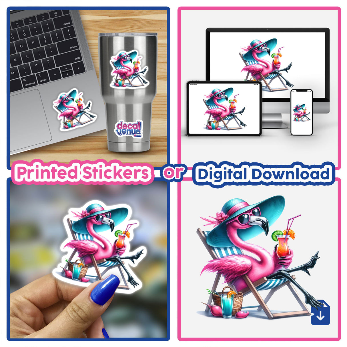 Colorful flamingo-themed digital artwork featuring a pink flamingo in beachwear and accessories, available as printed stickers or digital downloads, showcased on various devices.