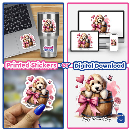Goldendoodle Dog in Valentines Day Barrel sticker and digital art collage featuring a laptop with a sticker, showcasing the playful Goldendoodle theme ideal for decor or gifting.
