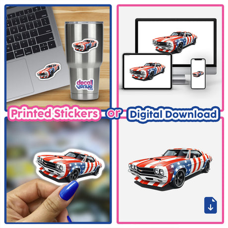 Collage featuring 'A Cool American Flag Muscle Car' with flag designs, available as unique stickers or digital art from Decal Venue, alongside a laptop displaying similar themed artwork.