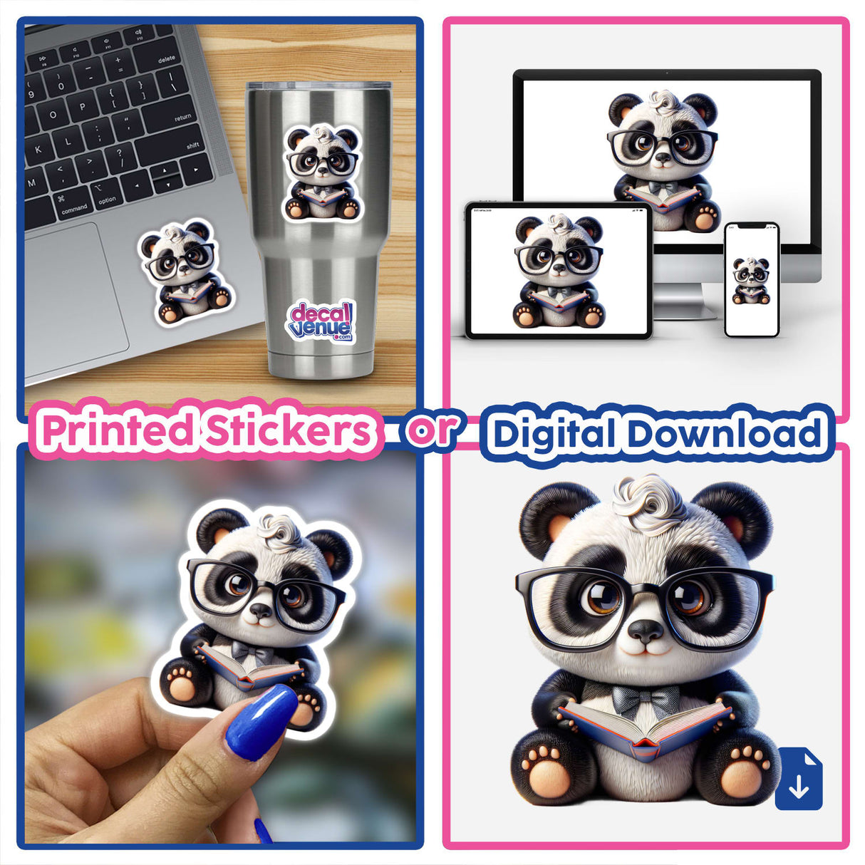Cute Panda With Reading Glasses Open Book depicted in a collage; includes a cartoon sticker of a panda reading, emphasizing the charming, whimsical design available as stickers or digital artwork.