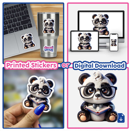 Cute Panda With Reading Glasses Open Book depicted in a collage; includes a cartoon sticker of a panda reading, emphasizing the charming, whimsical design available as stickers or digital artwork.