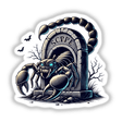 Creepy scorpion peeking out of spooky tombstone with bats in the background, Halloween-themed digital artwork