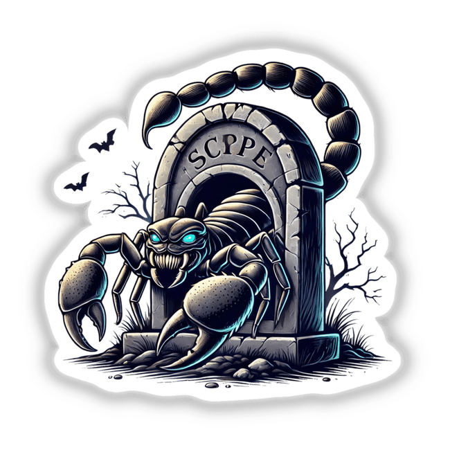 Creepy scorpion peeking out of spooky tombstone with bats in the background, Halloween-themed digital artwork