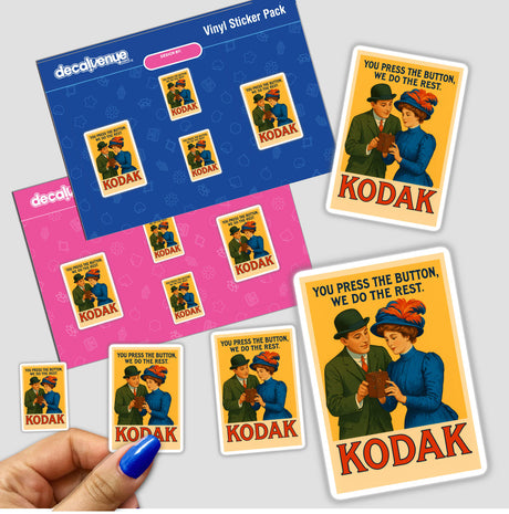 1912 Kodak “You Press the Button, We Do the Rest” Printable or Sticker – Vintage Commercial-Use Camera Ad Clipart; features a close-up of a hand and a man holding a camera, evoking early 20th-century charm.