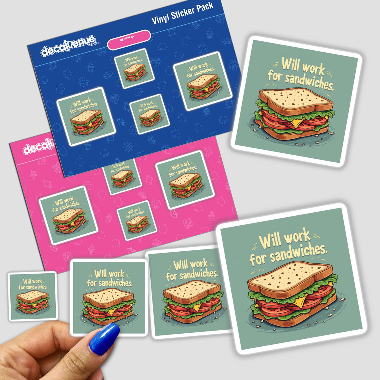 Funny Will Work for Sandwiches Sticker & Clipart – a hand holds a sticker pack featuring various sandwich designs, perfect for food lovers seeking unique decals and digital art from Decal Venue.