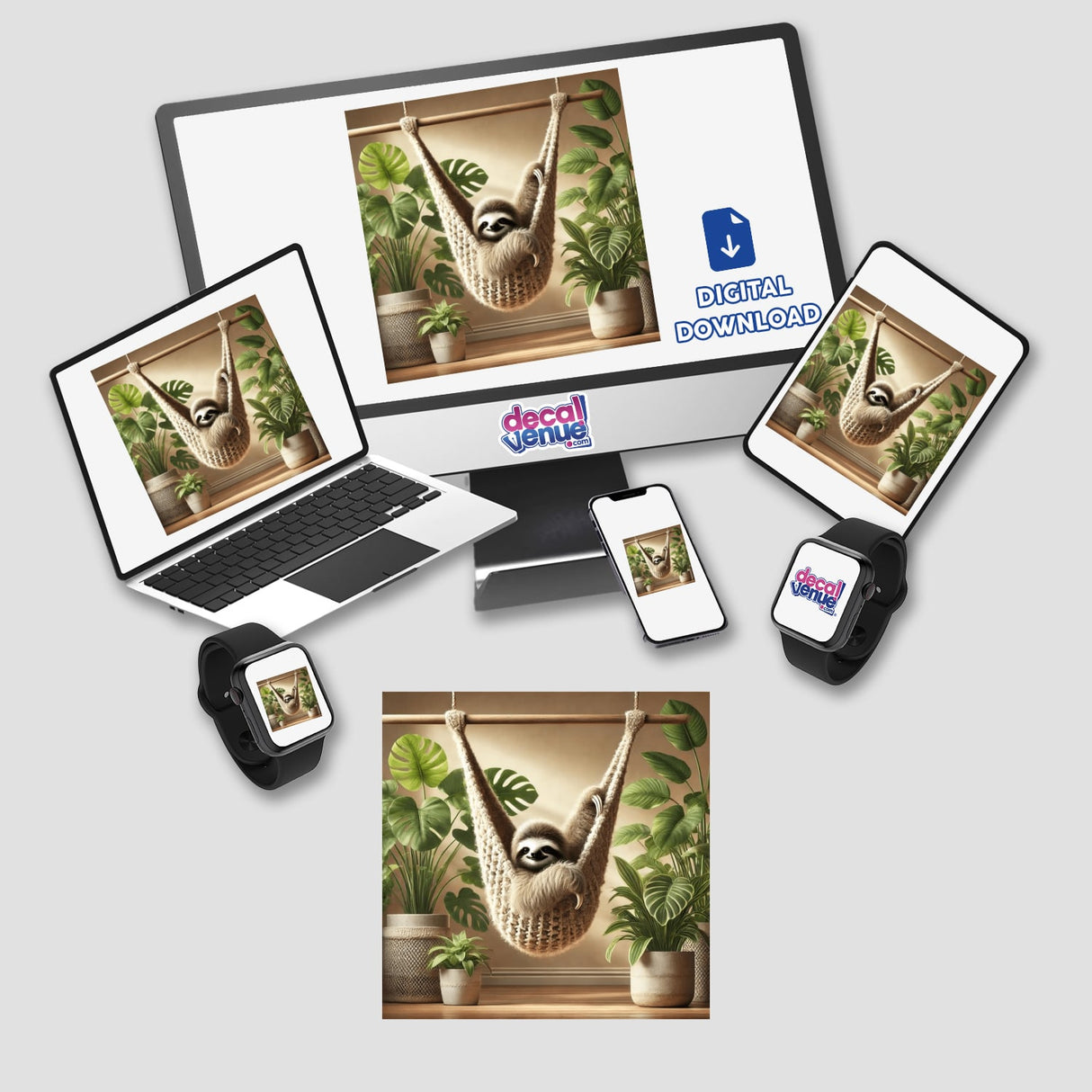 Sloth in Knitted Hammock with Indoor Plants featured on a computer monitor, laptop, cellphone, and smartwatch screens, available as stickers or digital artwork.
