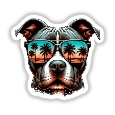 Tropical Sunglasses Pitbull Face sticker featuring a pitbull wearing sunglasses reflecting palm trees, perfect for fans of unique, artistic vinyl stickers or digital art from Decal Venue.