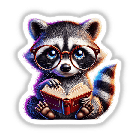Raccoon With Reading Glasses Open Book: A cartoon raccoon wearing glasses intently reads a book, available as unique vinyl stickers or digital artwork from Decal Venue.