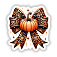 Fall Pumpkin Carved Coquette Bow featuring intricate floral designs, swirls, and stars, available as stickers or digital artwork.