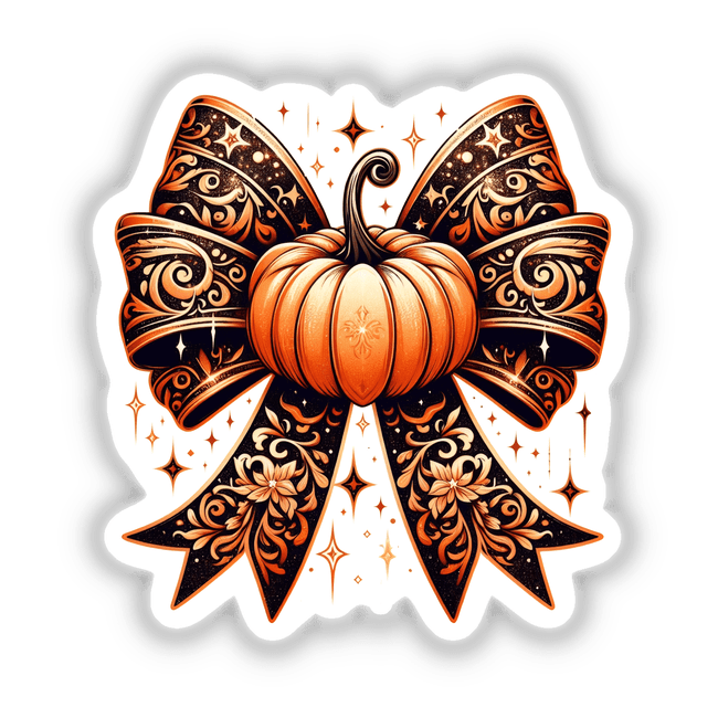 Fall Pumpkin Carved Coquette Bow featuring intricate floral designs, swirls, and stars, available as stickers or digital artwork.