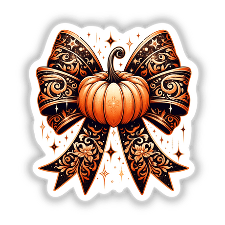 Fall Pumpkin Carved Coquette Bow featuring intricate floral designs, swirls, and stars, available as stickers or digital artwork.