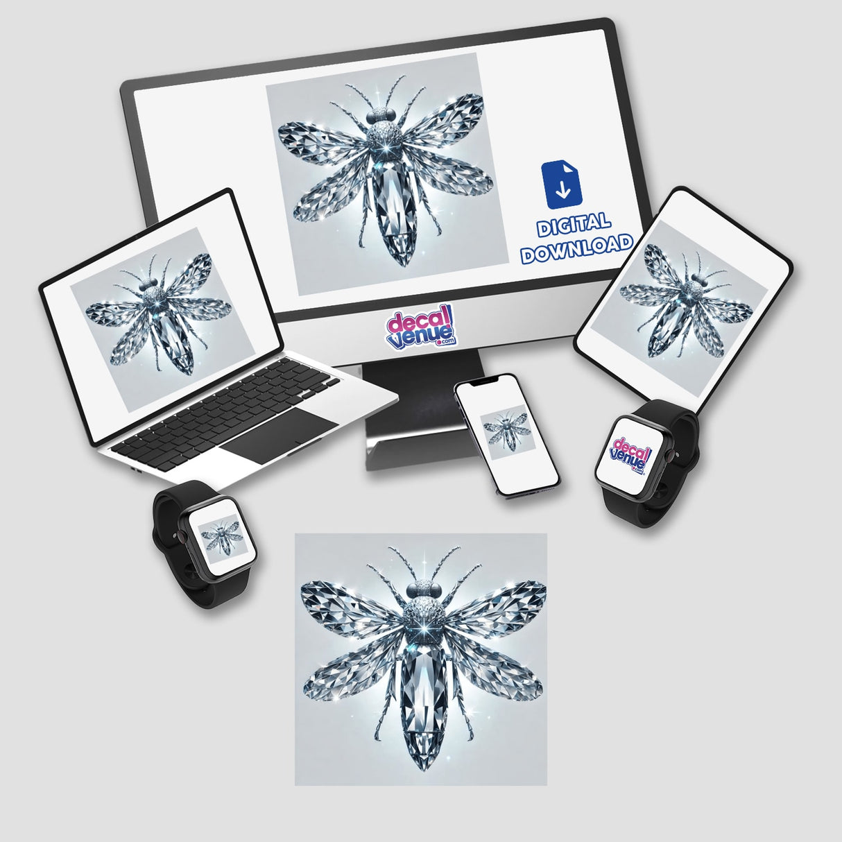 Diamond Firefly sticker or digital artwork displayed on a computer monitor and laptop screen, showcasing a detailed, diamond-patterned bee with wings, perfect for unique office decor or digital projects.