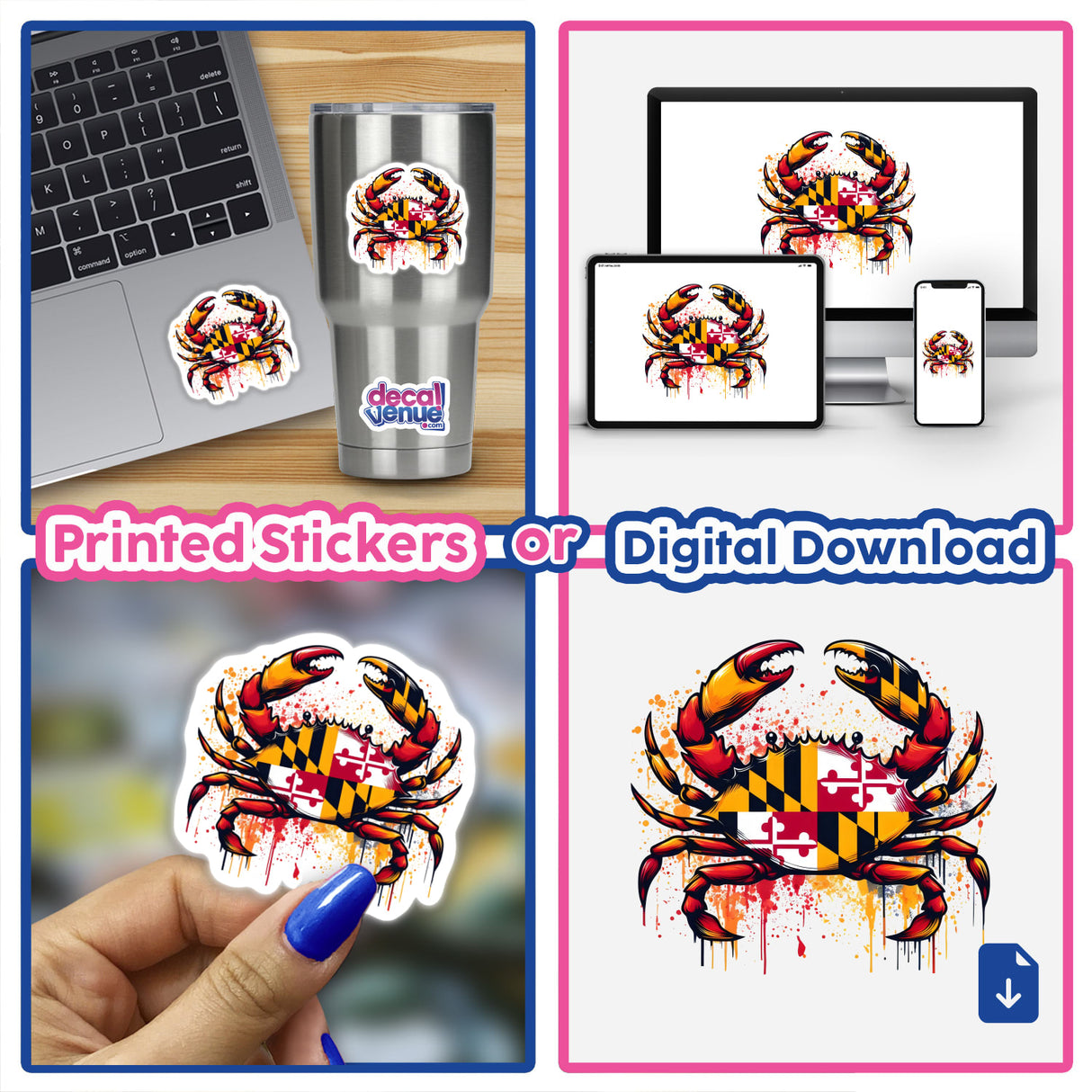 Colorful Maryland flag-inspired crab digital artwork displayed on various products, including a laptop, phone, and tumbler, from the Decal Venue store.