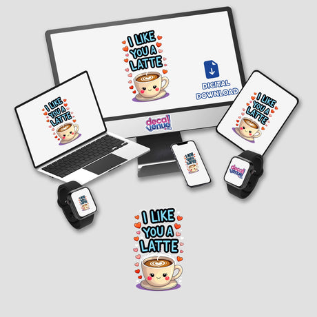 I Like You A Latte Funny Love Quote digital artwork displayed on computer, laptop, phone, and smartwatch screens, featuring a cartoon coffee cup with heart-shaped foam, available as stickers or digital art.