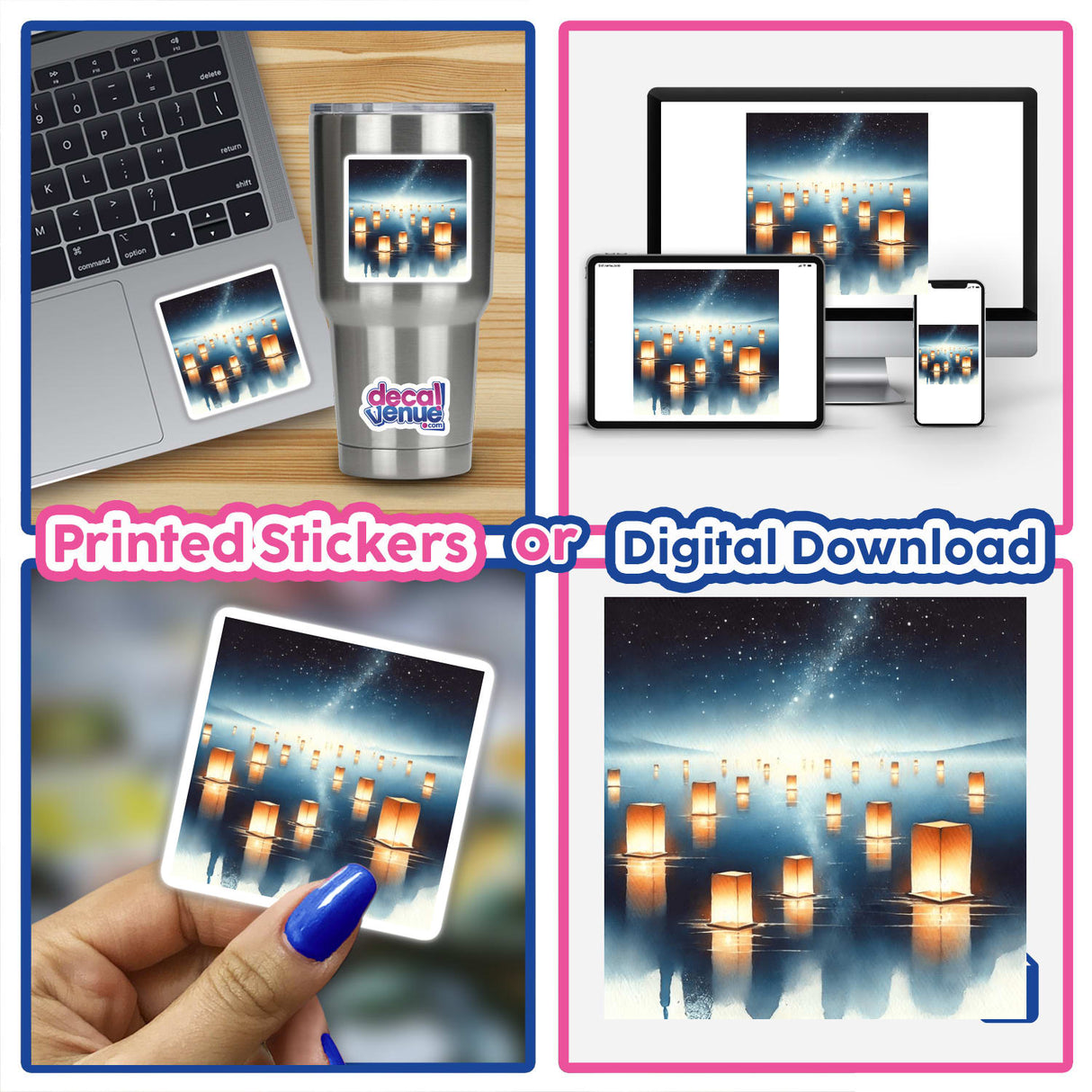 Floating Lanterns - Ethereal Boho Watercolor Nightscape collage featuring a laptop displaying the artwork, a hand holding a lantern image, and close-ups of gadgets. Available as Stickers or Digital Artwork.